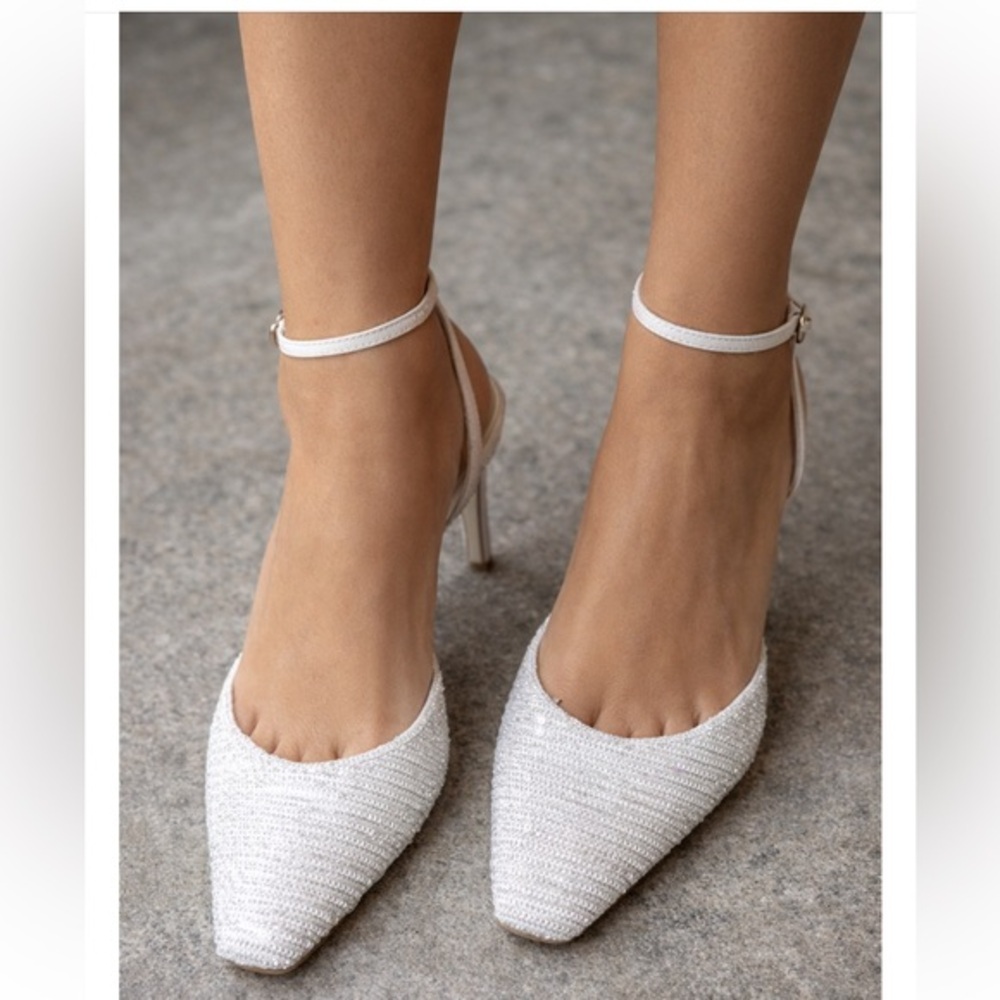 Caroline Constas Glittering Sequined White Heels Shoes - Picture 1 of 16